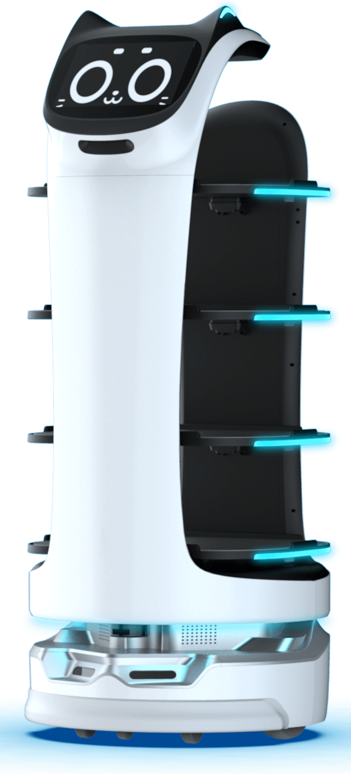 Robot BellaBot transportant des assiettes et facilitant le travail des serveurs